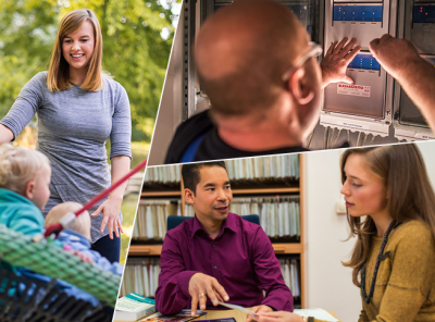 Eine Collage aus drei Fotos mit Berufen aus den Studenwerken, eine Erzieherin, einen Hausmeister und einen Bafög-Berater