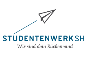 Logo Studentenwerk SH - Stilisierter Papierflieger fliegt nach rechts oben - Text darunter: Studentenwerk SH Wir sind dein Rückenwind