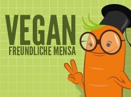Logo der PETA - veganfreundliche Mensa; Comic-Karotte mit Nickelbrille und Doktorhütchen grinst ins Bild und macht mit Zeige- und Mittelfinger das &quot;Sieg&quot; Zeichen 