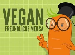 Logo der PETA - veganfreundliche Mensa; Comic-Karotte mit Nickelbrille und Doktorhütchen grinst ins Bild und macht mit Zeige- und Mittelfinger das "Sieg" Zeichen
